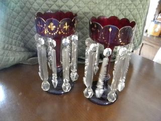 Antique Victorian Cranberry Glass Luster Candle Lamps Prisms Ruby Red Bohemian photo
