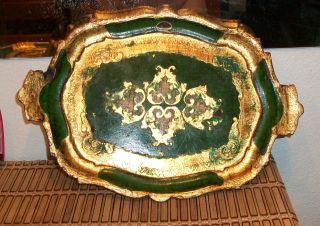 Green And Gold Vintage Tole Tray. . photo