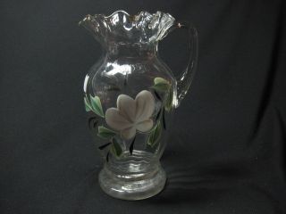 Lg Gorgeous Vintage Enamel Floral Painted Victorian Ruffled Rim Glass Pitcher photo