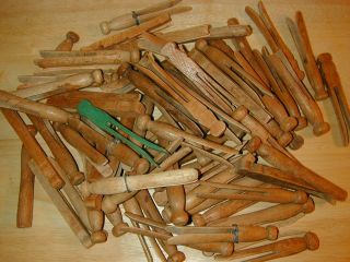 70 Antique Wood Clothes Pins Differing Styles No Spring Type,  Patina photo