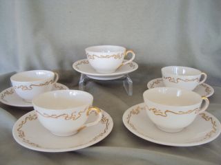 Set Of 5 Porcelain White & Gold Scroll Demitasse Cups & Saucers Italy photo