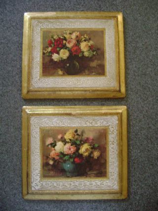Pair Of Vintage Florentine Tole Floral Prints - Roses - Made In Italy photo