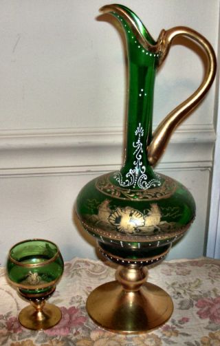 Antique Clear Emerald Green Decanter &glass/angelic Figures/lots Of Gold/ Ornate photo