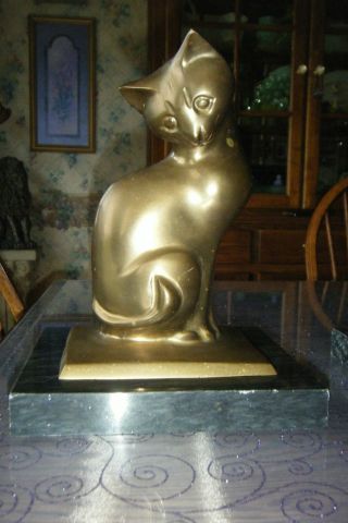 Antique Heavy Brass Kitty Cat & Marble Base Bookend Or Door Stop Art Decor photo