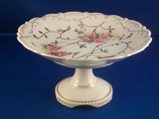 Porcelain Candy Compote Early To Mid Century White Gold Leaves Pink Roses 7440 photo