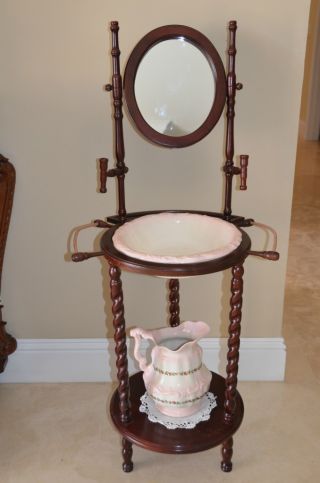 Wooden Wash Stand With Basin & Pitcher,  Mirror,  2 Candle Holders photo