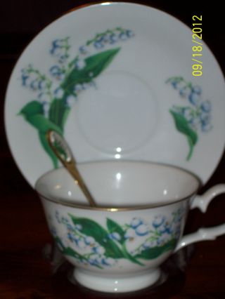 1991 Avon Teacup And Saucer And Spoon May Lily Of The Valley Nr photo