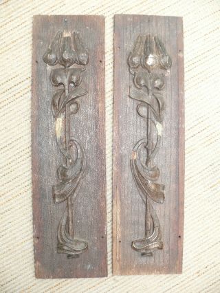 Pair 19thc Art Nouveau Oak Carved Panels With Stylised Tudric Decor photo