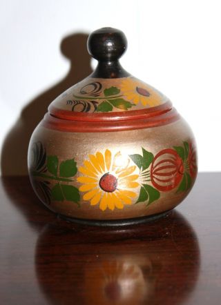 Vtg Vintage 50s Antique Russian Ussr Hand Painted Wooden Toleware Jar Medium Box photo