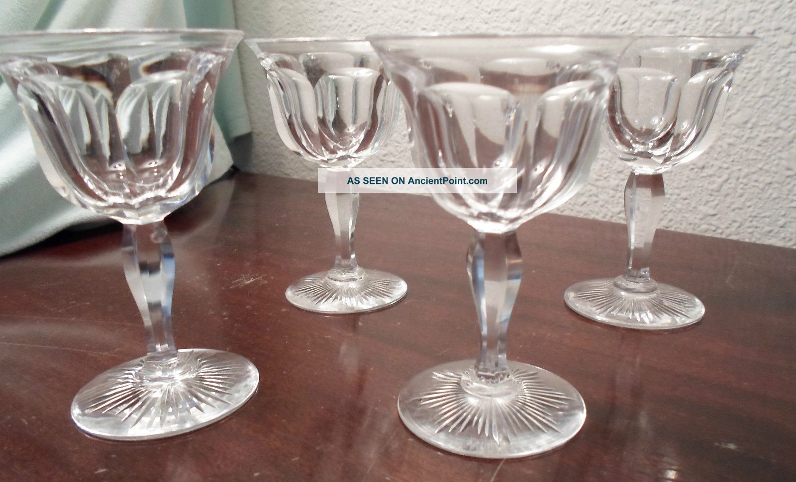 4 Antique Hand Blown Cut Crystal Wine Glass,  5 