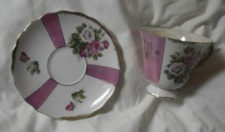 Tea Cup + Saucer Made In Japan Pink & White Roses Gold Accent photo