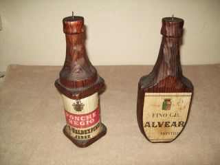 Pair Of Vintage Mid Century Hand Carved Wood Wine Bottle Shaped Candle Holders photo