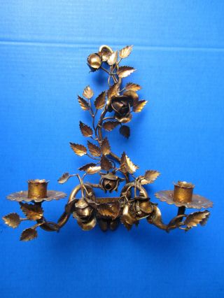 Antique Metal Italy Tole 2 Candle Candleabra Flower Toleware Wall Hanging photo