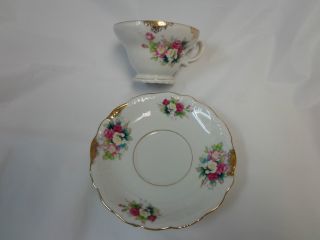 Old Vintage Cup & Saucer Open Roses On White Trim In Gold Japan Label In Red photo