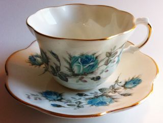Bone China Blue Floral Rose Teacup & Saucer Made In England Royal Dover photo