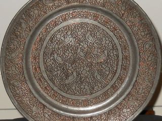 Turkish Antique Primitive Hammered Copper Tin Tray / Plate Birds Persian Islamic photo