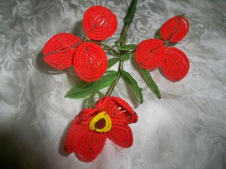 Victorian Beaded Bouquet Of 3 Beautifully Crafted Antique French Red Flowers photo