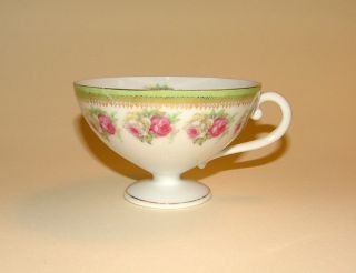 Vintage Footed China Teacup Roses Green & Gold Band Germany photo