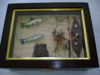 Mens Antique Vintage Wooden Box Jewelry Coins Cigars Sports Fishing Collectibles photo