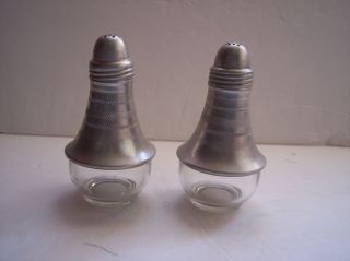 Vintage 1940s Aluminum Metal & Glass Salt & Pepper Shakers Unusual Style Detail photo