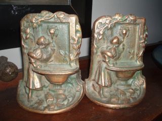 Vintage Cast Copper Bookends Of A Woman By Fountain Or Basin.  Ex Nr photo
