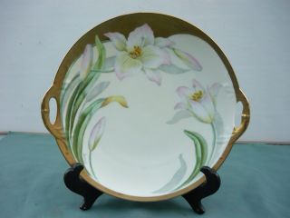 Vintage Bavaria Porcelain Plate Tab Handles Lilies With Gold Gilt photo