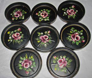 Set Of 8 Vintage Nash Co.  Hand Painted Tole Tray Coasters Roses photo