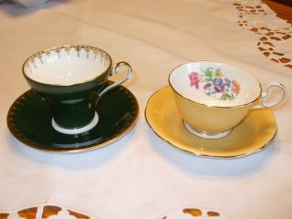 Two Wonderful Vintage Aynsley Cup & Saucer Sets - Green - Yellow photo