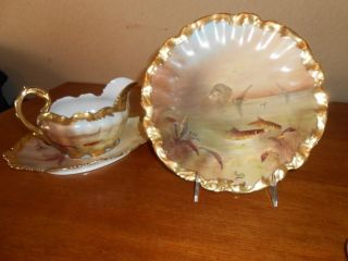 Handpainted Limoges Plate And Gravy Boat. photo