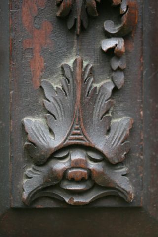 Interesting 19th C.  Gothic Mahogany Carved Panel With Green Man & Leaf Carvings photo