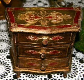 Vintage Italian Florentine Gold Gilt Wood Tole Toleware Large Jewelry Box Chest photo