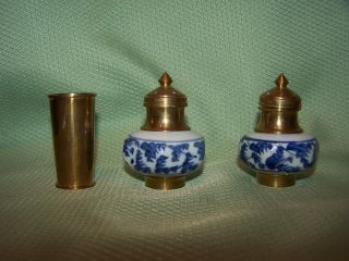 Salt & Pepper Shakers Blue & White Porcelain W/ Brass Tops Bottoms & Filler photo