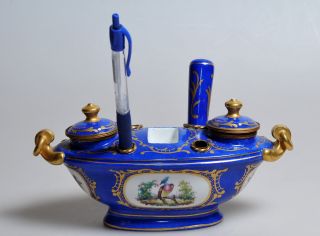 Late 1800s Antique Porcelain & Ormolu Inkstand W Seal Boat Inkwell By Sevres photo