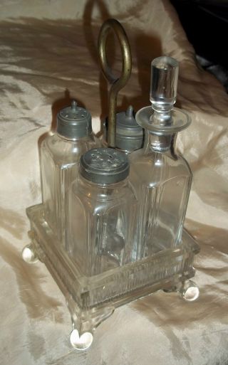 Vintage Antique? 5 Piece Pressed Glass Condiment Set Metal Tops Glass Stopper photo