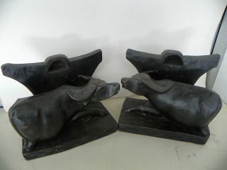 Antq Pair Of Wooden Waterbuffalo Bookends. photo