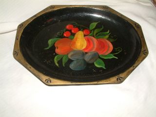 Vintage Black Toleware Gilded Tray With Fruits photo