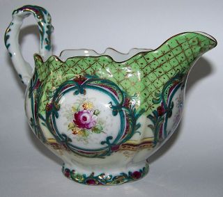 Vintage,  Antique Green Magenta Floral Hand Painted Creamer Gold Cross Hatching photo