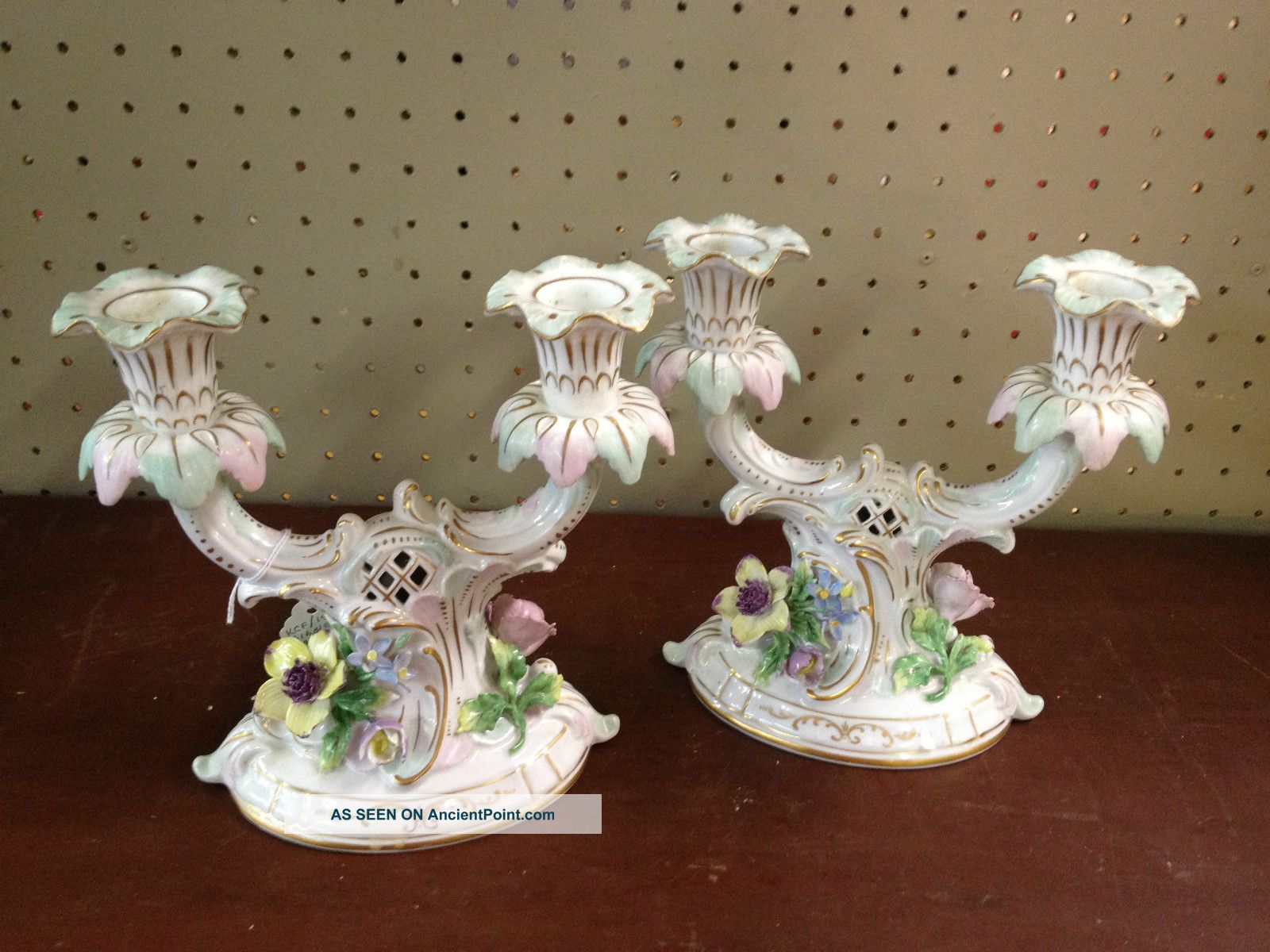 Antique German Porcelain Dresden Candle Holder Candlesticks With Flowwers All Candle Holders photo