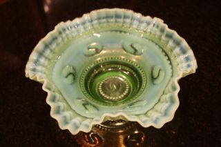 Rare Antique Vintage Jefferson Glass Green Opalescent Ruffled Candy Dish / Bowl photo