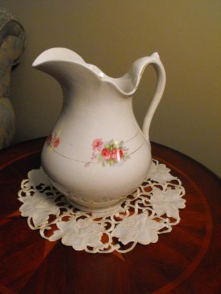 Vintage Mercer Pitcher White & Rose Floral Sprays 12 Inches Tall photo