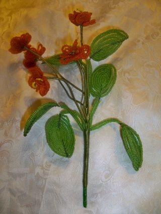 Victorian Beaded Bouquet Of 5 Beautifully Crafted Antique French Orange Flowers photo