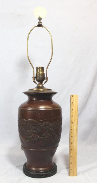 Antique Bronze Lamp Japanese Village W/ Carved White Jade Finial Nr photo
