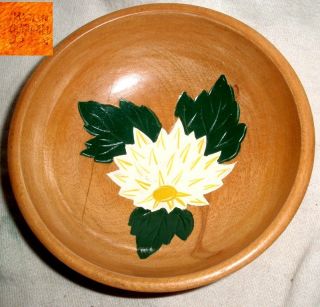 60yr Occupied Japan All Wood Bowl Hand Painted White Yellow Flower No Damage Nos photo