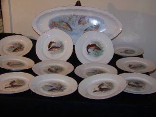 Antique Victoria Carlsbad Austria Complete Porcelain Fish Plates & Platter Set photo