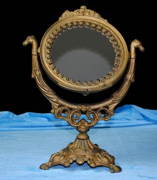 Vintage Vanity Mirror,  Dressor Mirror,  Cast Iron With Lady On Pedestal Swivel photo