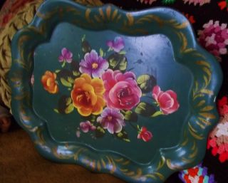 Vintage Hand Painted Floral Roses Green Cottage Chic Tole Serving Kitchen Tray photo