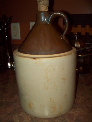 Antique Primitive White And Brown Stoneware Crock Tall Whiskey Jug photo