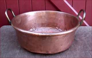 Antique Heavy French Copper Preserving Confiture Jam Pan Brass Handles 1940 photo