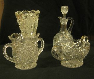 Set Of Cruet W/ Stopper,  Vase,  Sugar Dish & Jelly Dish In Molded Brilliant Glass photo