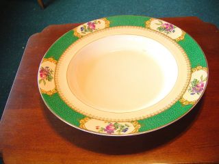 Victorian Maple & Co London Green Gilded W/ Florals Ironstone Soup Bowls - 4 - photo